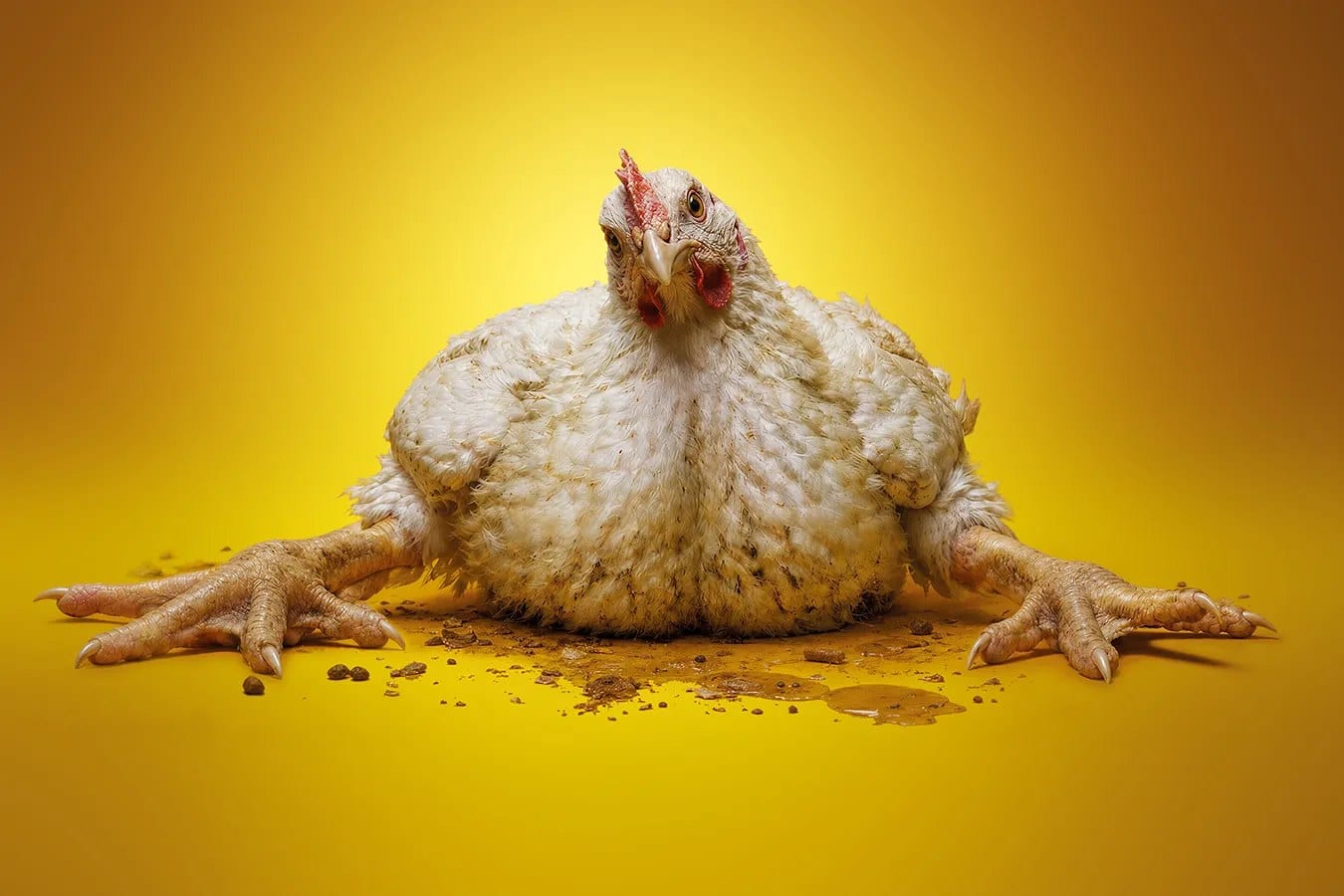 A fast-growing broiler chicken (a “frankenchicken”) too heavy to stand, its legs splayed under an oversized body, on a yellow background