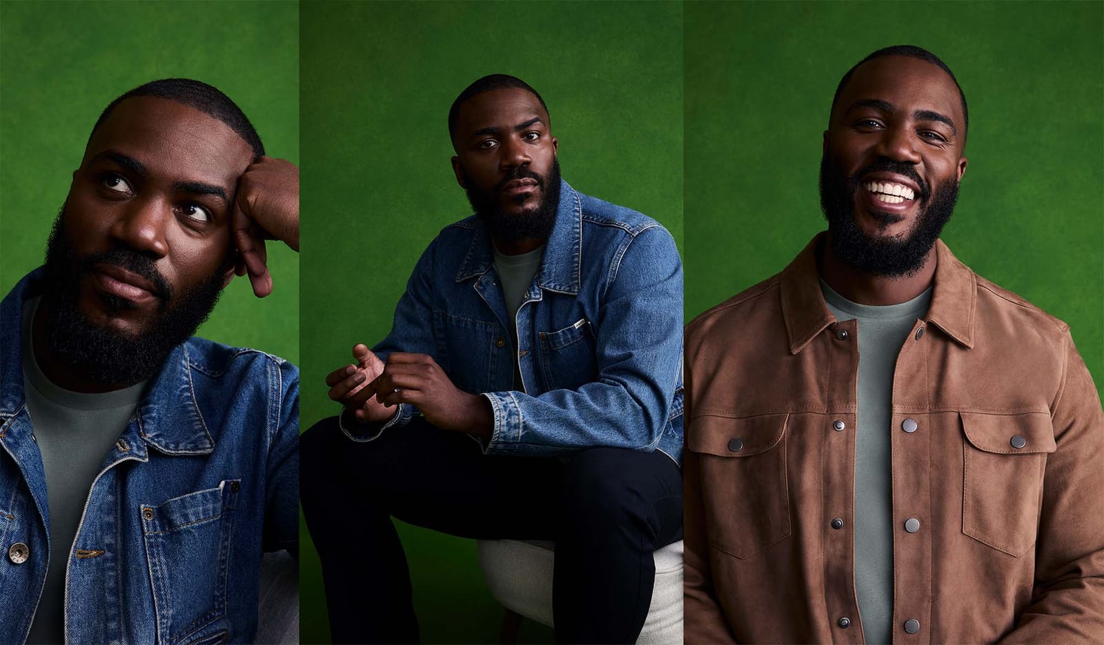 Three studio portraits of comedian Mo Gilligan, presenter of Big Chicken: A Fast Food Conspiracy, against a green background
