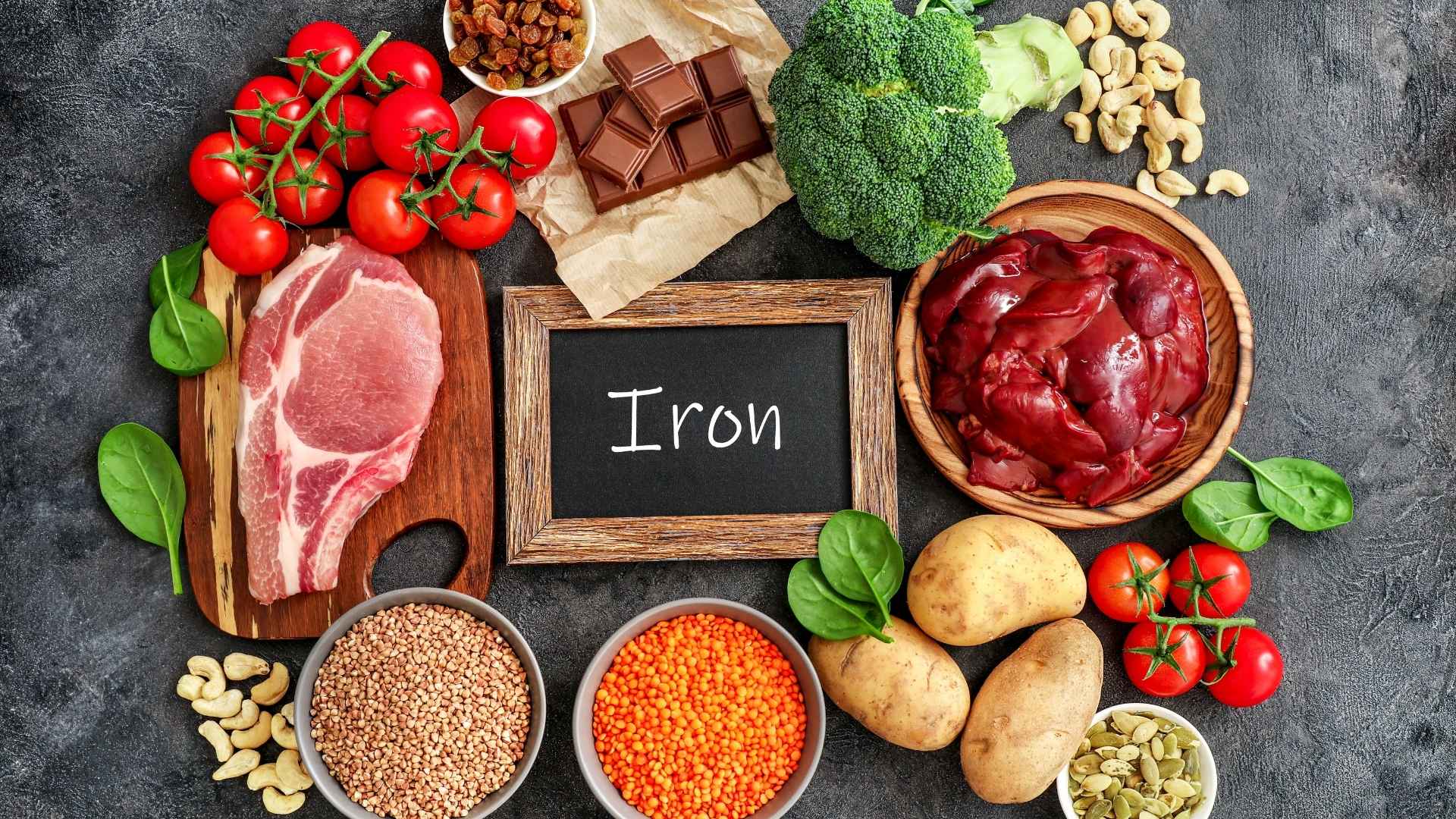 A range of foods that contain iron, such as broccoli, nuts, and meat