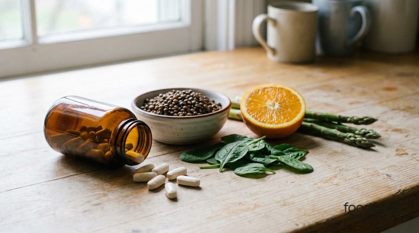 Prenatal vitamin capsules spilling from a plain amber bottle beside folate-rich foods — spinach, lentils, orange and asparagus