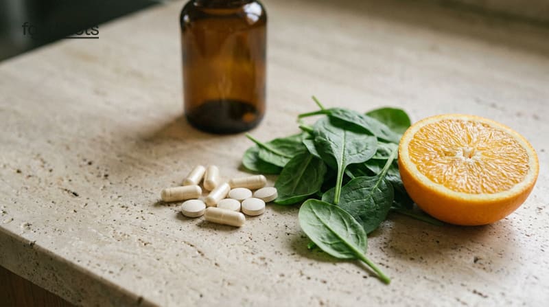Prenatal vitamin capsules spilling from a plain amber bottle beside folate-rich foods — spinach, lentils, orange and asparagus