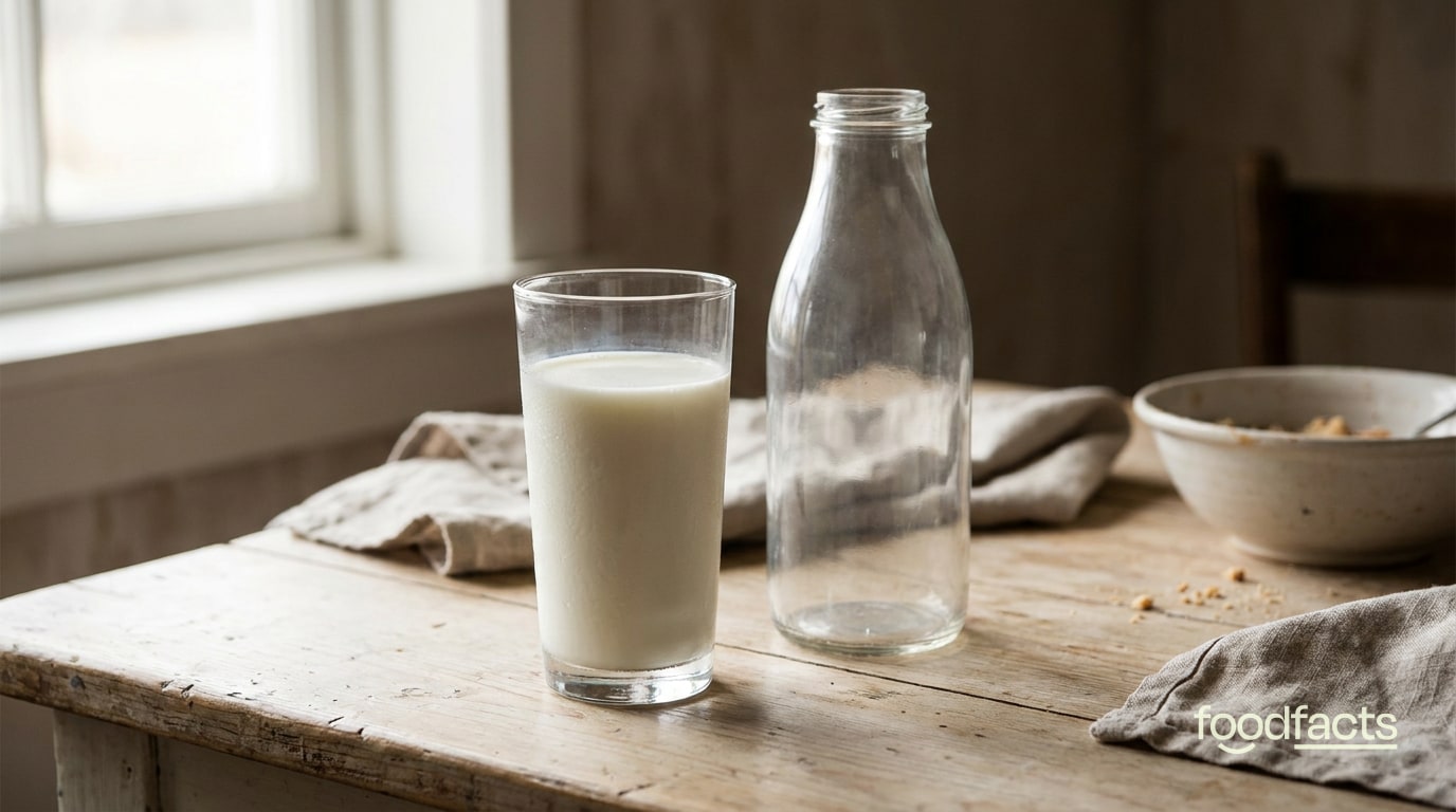 A glass of fresh milk beside a clear glass milk bottle on a rustic wooden kitchen table