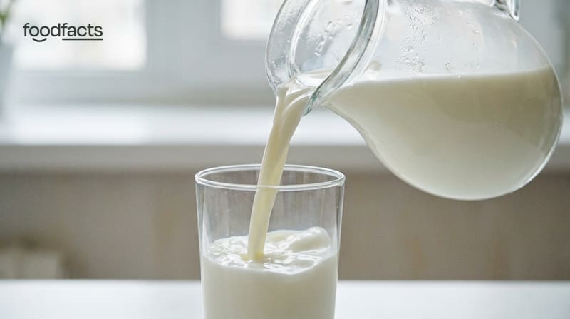 A glass of fresh milk beside a clear glass milk bottle on a rustic wooden kitchen table