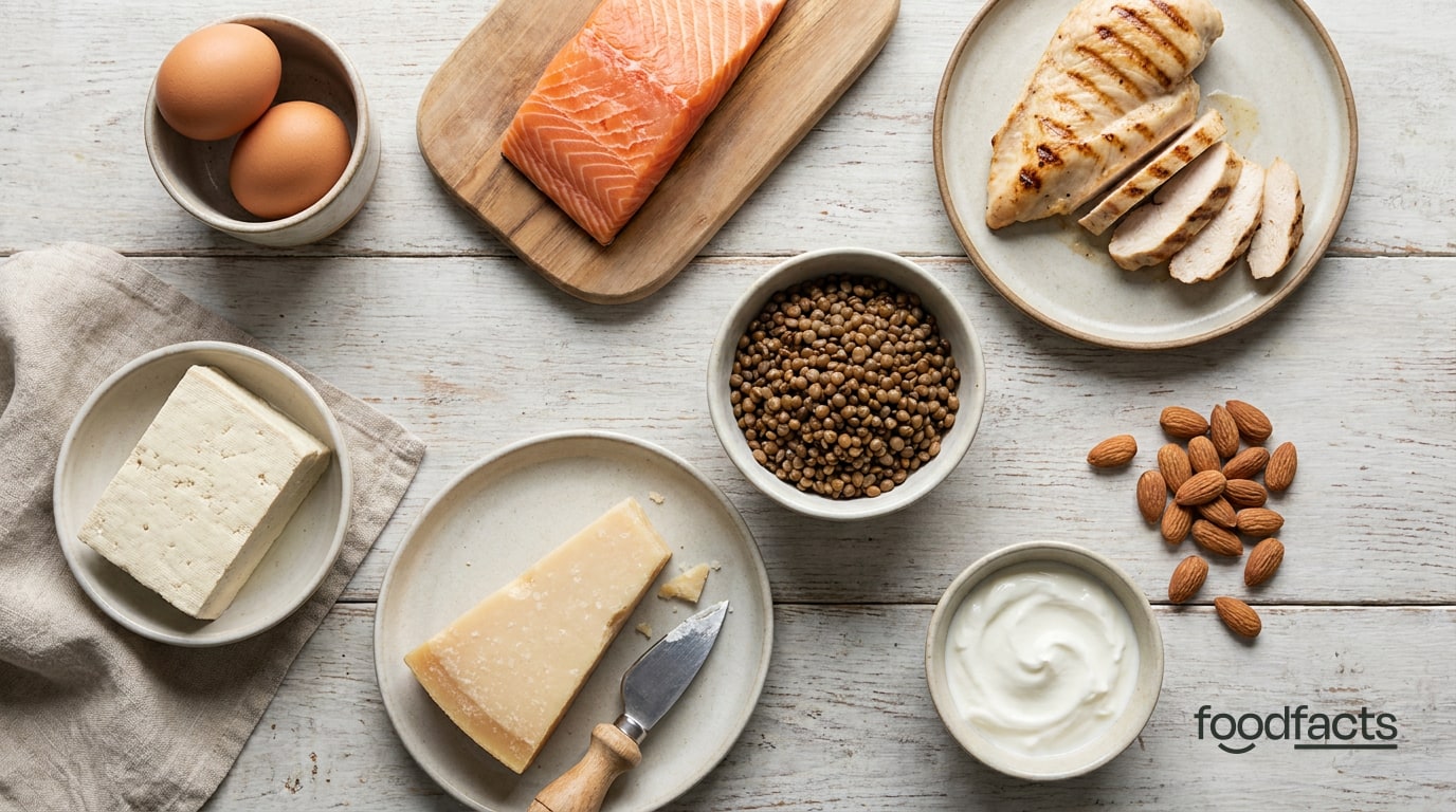 A varied spread of protein-rich whole foods — eggs, salmon, grilled chicken, lentils, tofu, cheese, almonds and Greek yoghurt — on a wooden table