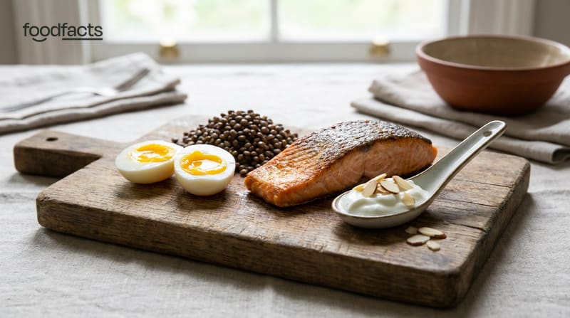 A varied spread of protein-rich whole foods — eggs, salmon, grilled chicken, lentils, tofu, cheese, almonds and Greek yoghurt — on a wooden table