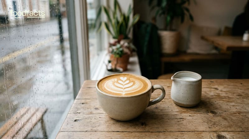 A cup of coffee with latte art beside a small milk jug on a wooden cafe table by a rainy window