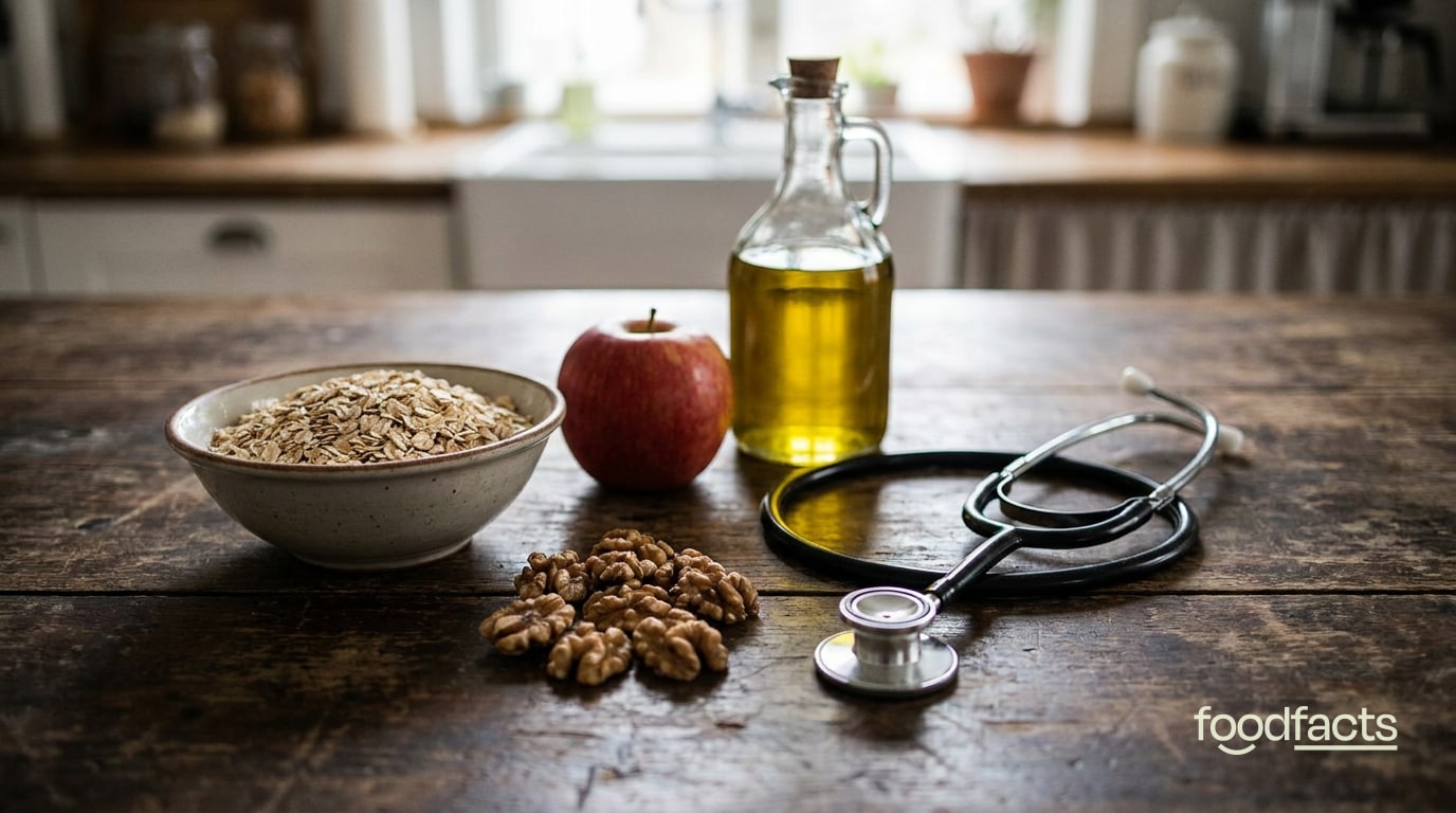 A bowl of oats, an apple, walnuts and a bottle of olive oil beside a stethoscope on a wooden table