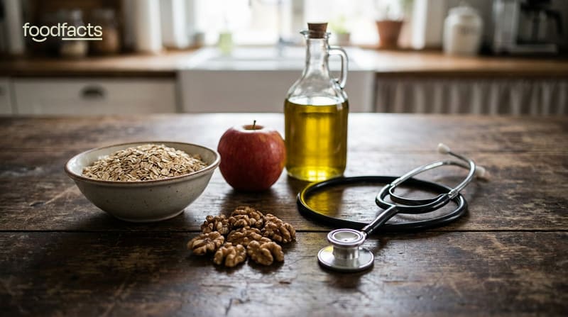A bowl of oats, an apple, walnuts and a bottle of olive oil beside a stethoscope on a wooden table