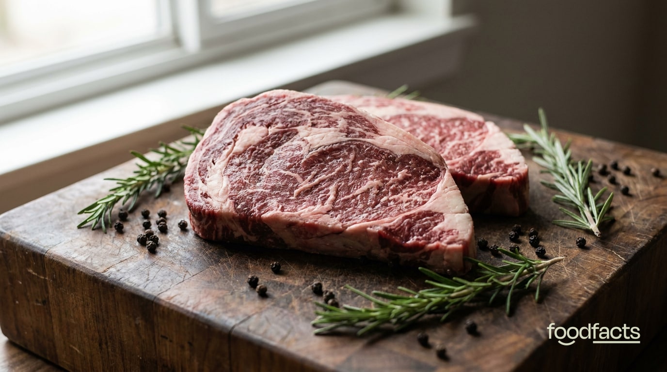 Two raw marbled beef steaks on a wooden board with sprigs of rosemary and black peppercorns