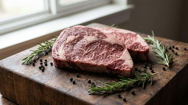 Two raw marbled beef steaks on a wooden board with sprigs of rosemary and black peppercorns