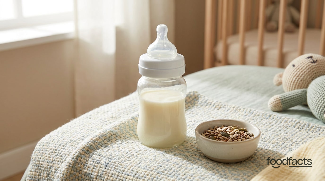 A baby feeding bottle of milk beside a small bowl of seeds on a knitted blanket in a nursery