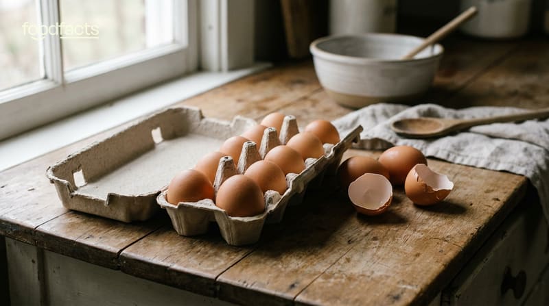 An open carton of brown eggs with a mixing bowl on a rustic farmhouse kitchen table