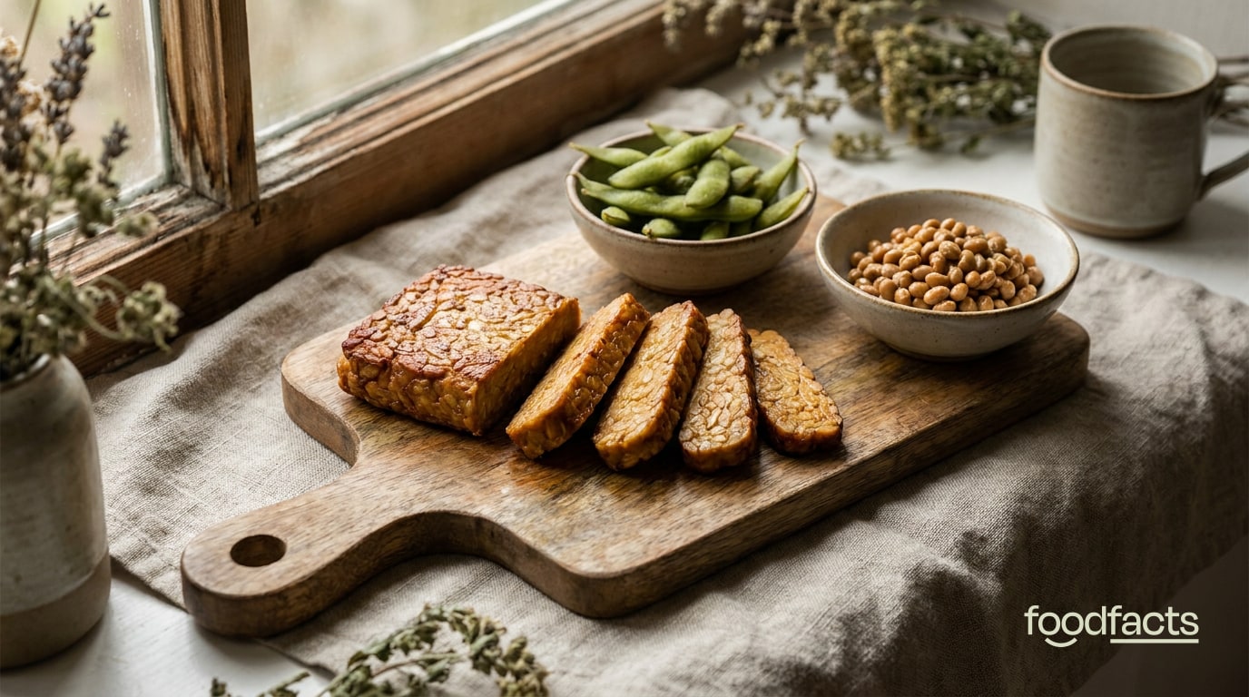 A block and slices of tempeh on a wooden board with a bowl of edamame and a bowl of soybeans