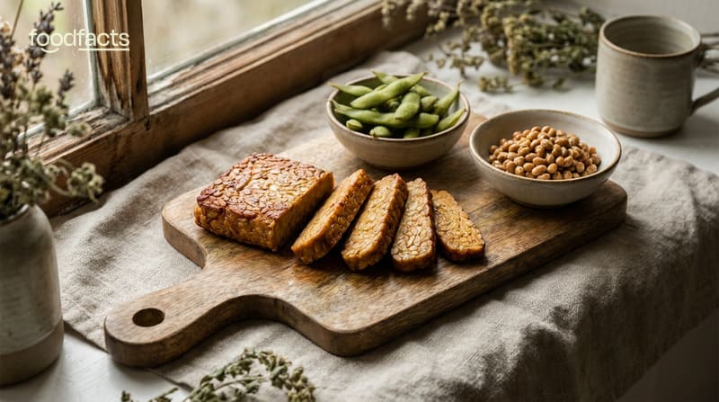 A block and slices of tempeh on a wooden board with a bowl of edamame and a bowl of soybeans