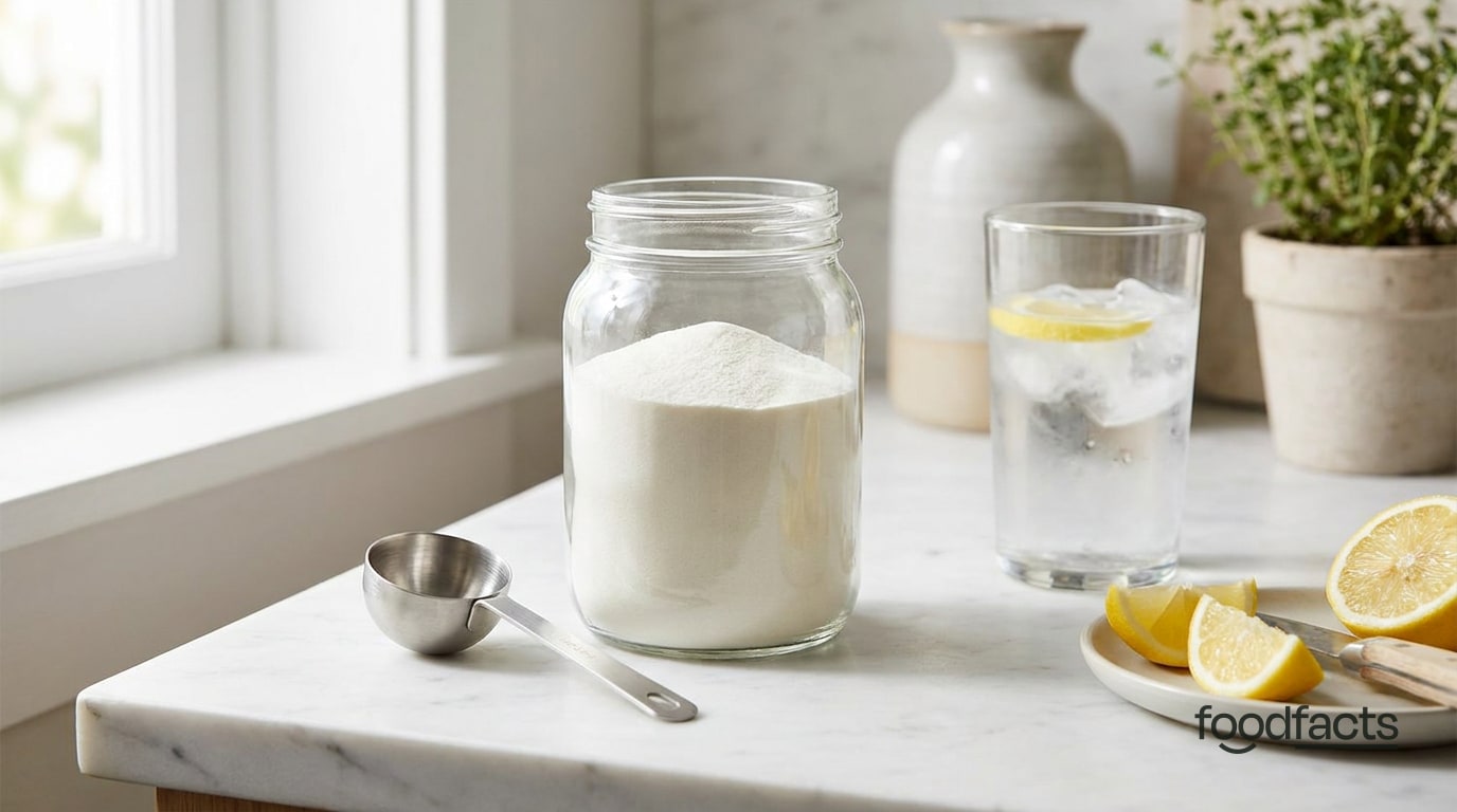 A glass jar of collagen powder with a stainless scoop, a glass of water with lemon on a bright marble kitchen counter