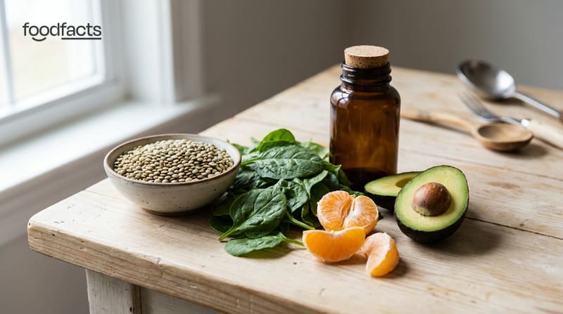 Folate-rich foods including green lentils, spinach, orange segments and avocado beside a supplement bottle on a wooden table