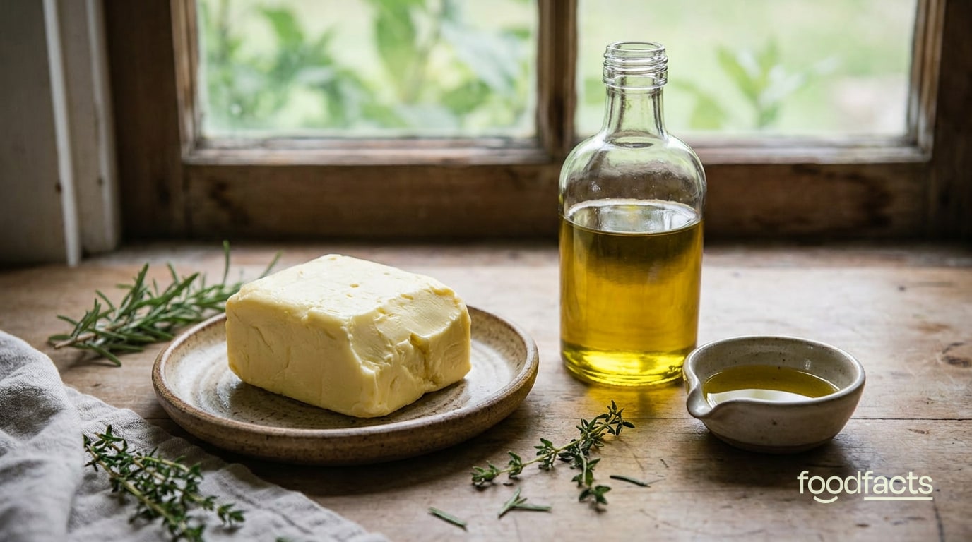 A block of butter on a ceramic plate beside a bottle of golden plant oil and a small dish of oil on a rustic wooden table