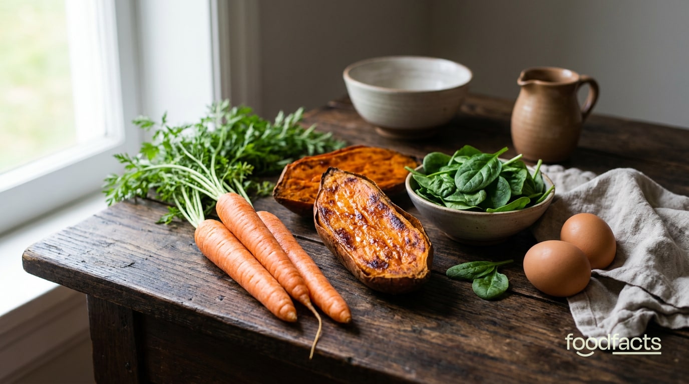 Vitamin A rich foods including carrots, roasted sweet potato, fresh spinach and brown eggs on a rustic wooden table