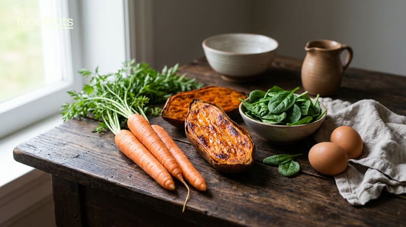 Vitamin A rich foods including carrots, roasted sweet potato, fresh spinach and brown eggs on a rustic wooden table