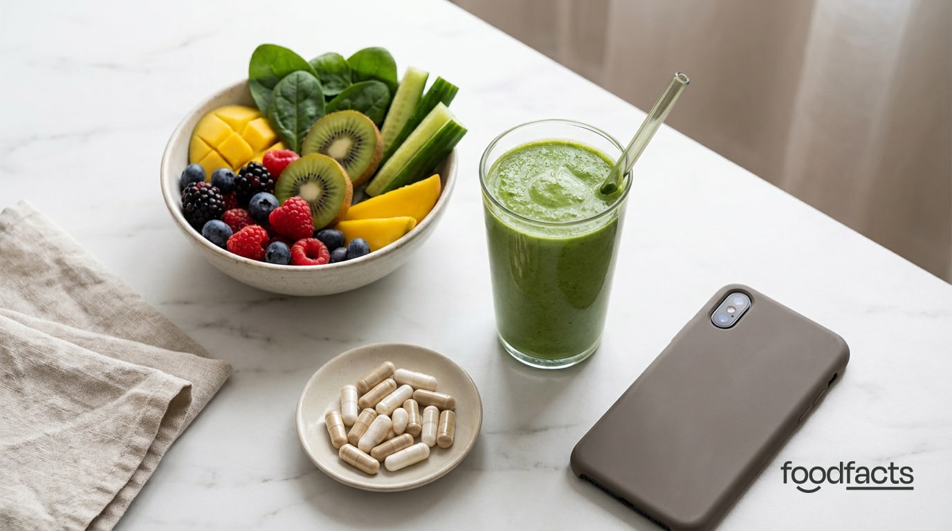 A green smoothie, a bowl of fresh fruit and vegetables, a dish of supplement capsules and a smartphone on a marble surface