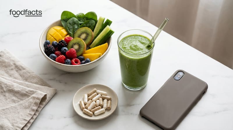 A green smoothie, a bowl of fresh fruit and vegetables, a dish of supplement capsules and a smartphone on a marble surface