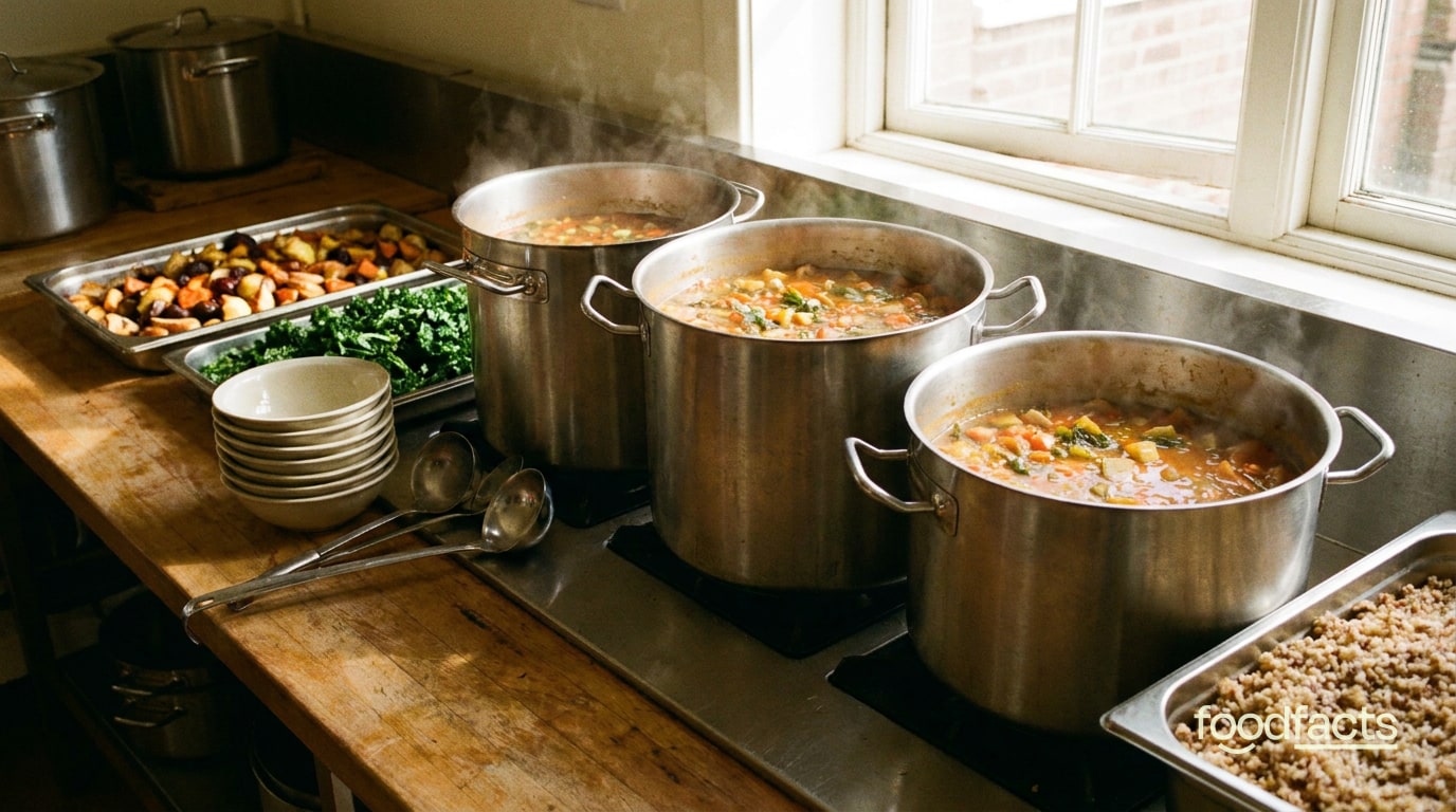 Large steaming pots of vegetable stew with trays of prepared food and stacked bowls on a community kitchen counter
