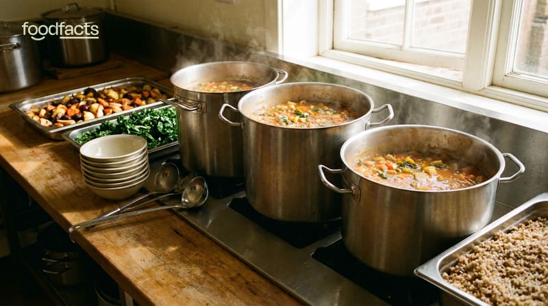 Large steaming pots of vegetable stew with trays of prepared food and stacked bowls on a community kitchen counter