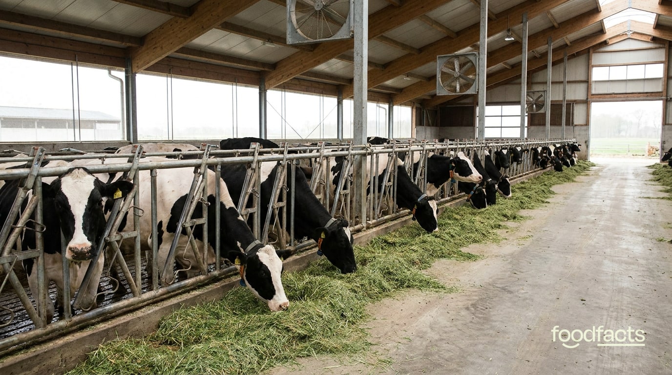 Black and white dairy cows feeding at a rail inside a modern barn
