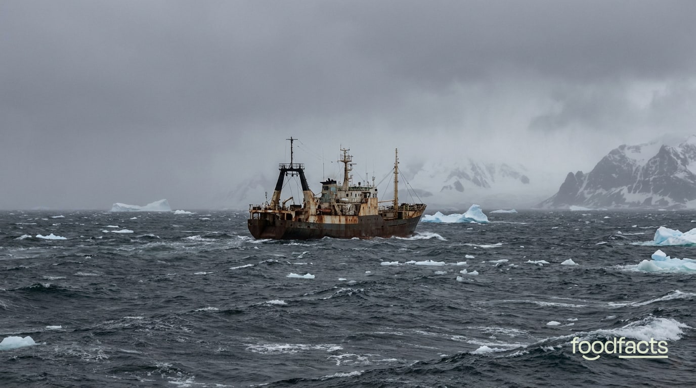 A commercial fishing trawler on a grey Antarctic sea among floating ice with snowy mountains behind