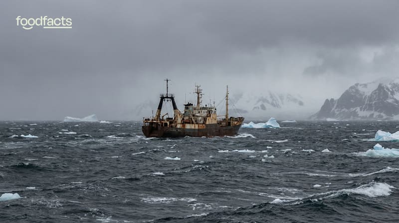 A commercial fishing trawler on a grey Antarctic sea among floating ice with snowy mountains behind
