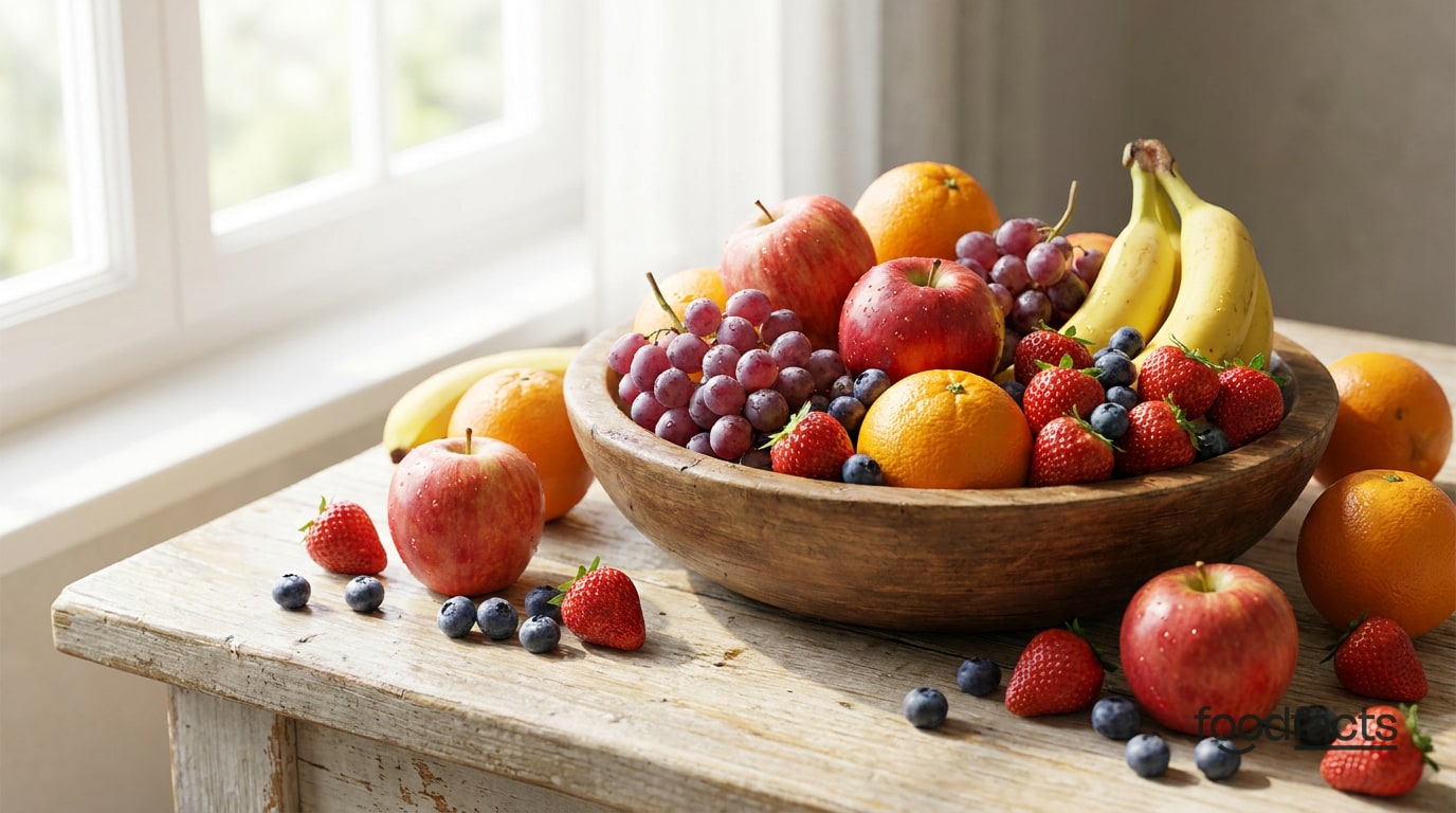 A wooden bowl of fresh whole fruit including apples, oranges, grapes, bananas, strawberries and blueberries