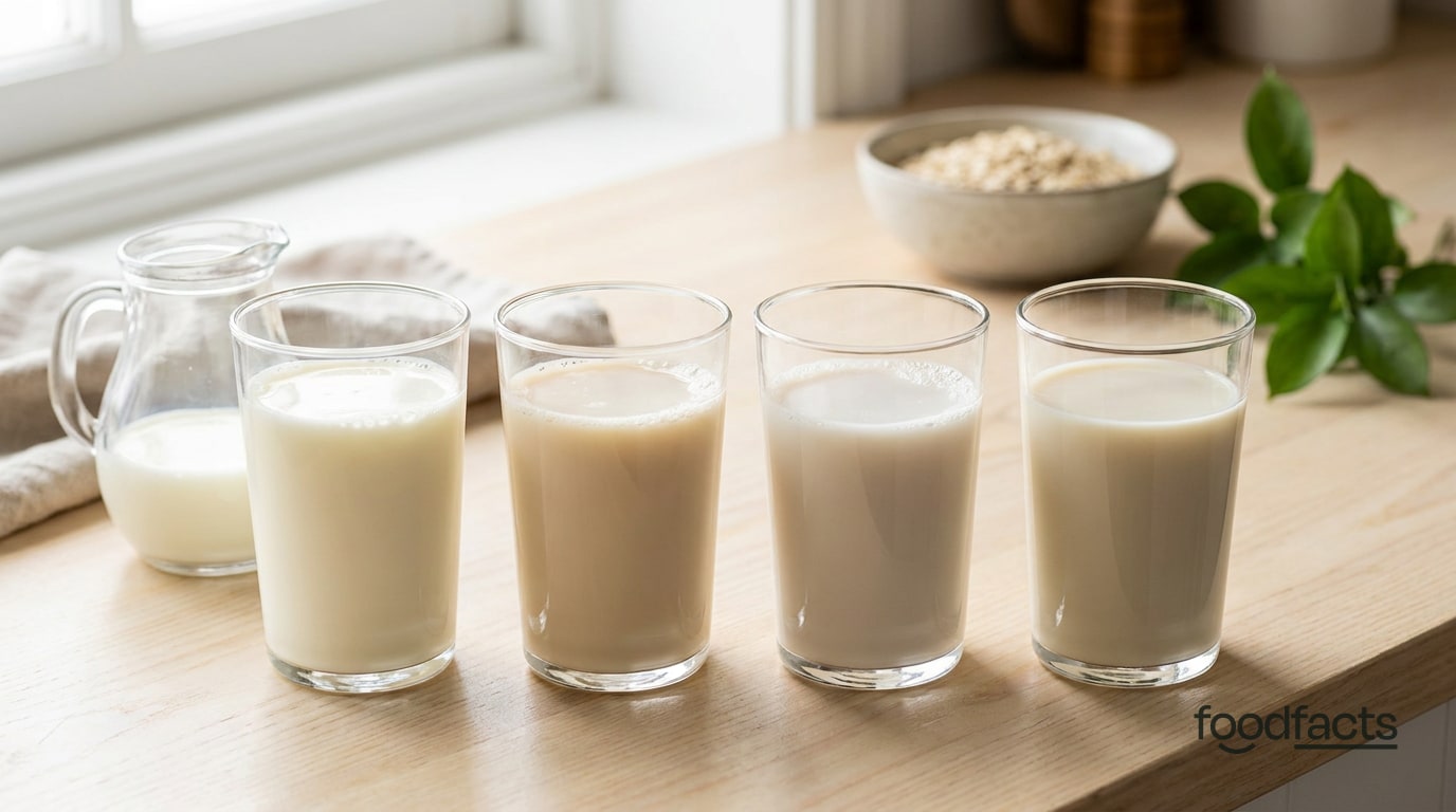 Four glasses of different milks, dairy, oat, almond and soy, in a row on a kitchen counter