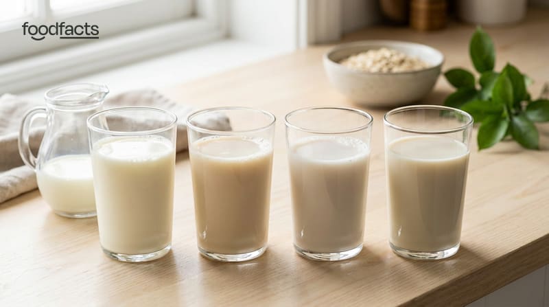 Four glasses of different milks, dairy, oat, almond and soy, in a row on a kitchen counter