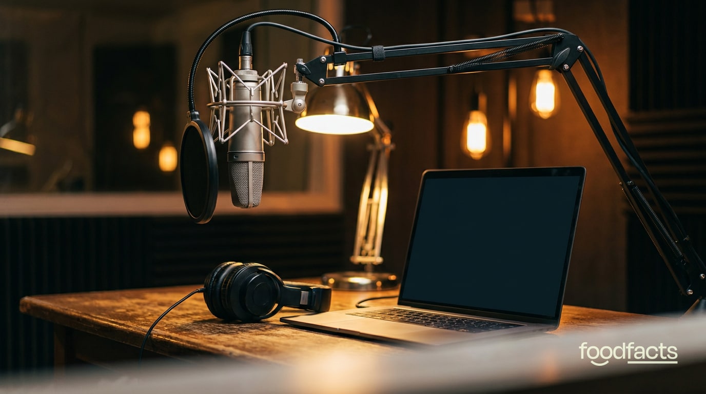 A podcast recording setup with a studio microphone, headphones and a laptop on a desk