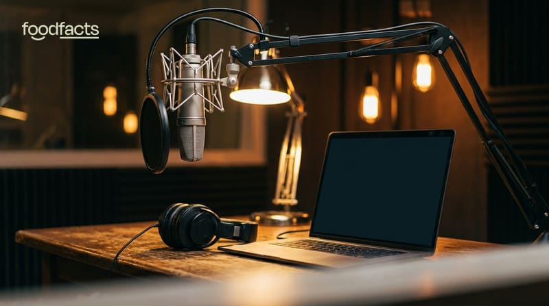 A podcast recording setup with a studio microphone, headphones and a laptop on a desk