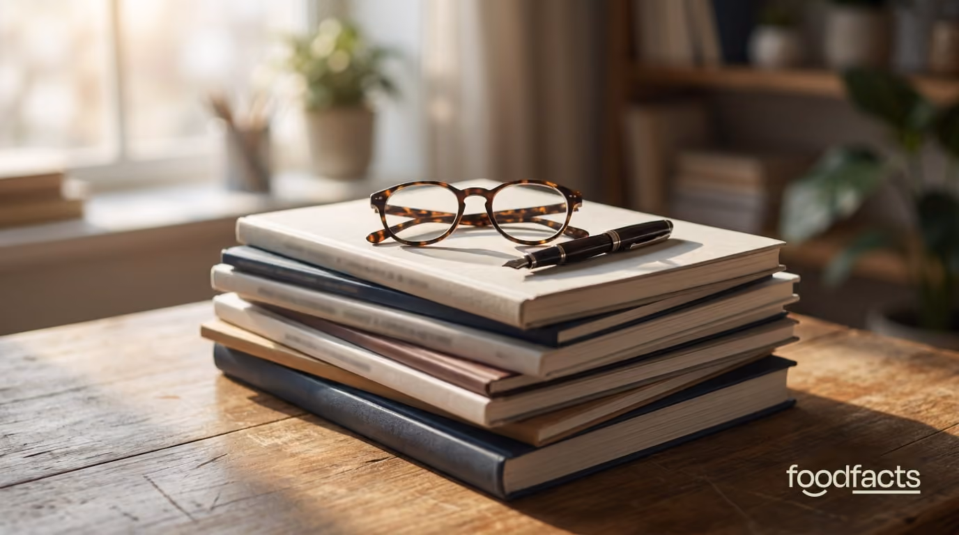 A stack of academic research journals with reading glasses and a pen resting on top on a wooden desk