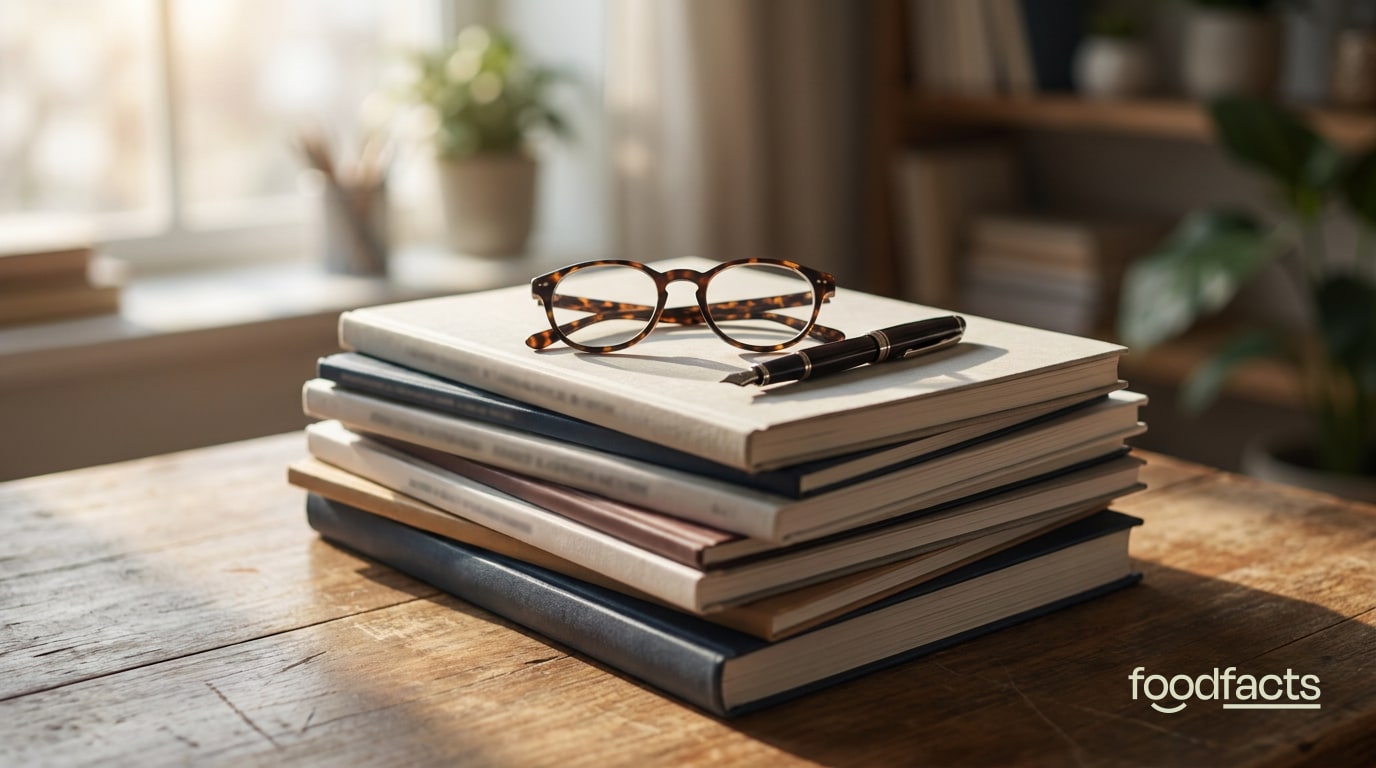 A stack of academic research journals with reading glasses and a pen resting on top on a wooden desk