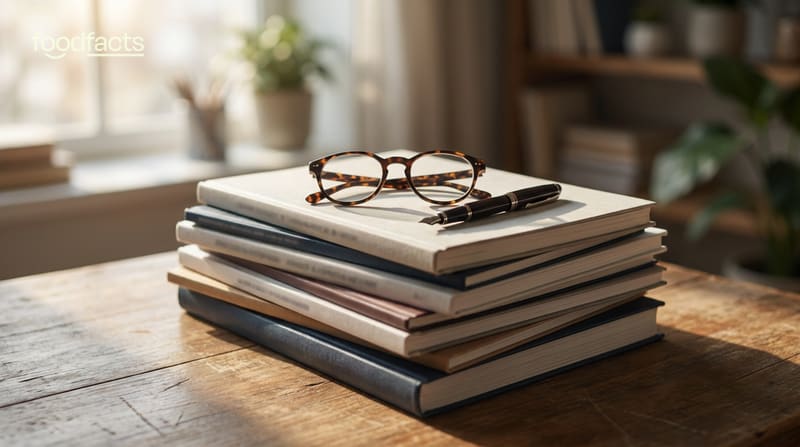 A stack of academic research journals with reading glasses and a pen resting on top on a wooden desk