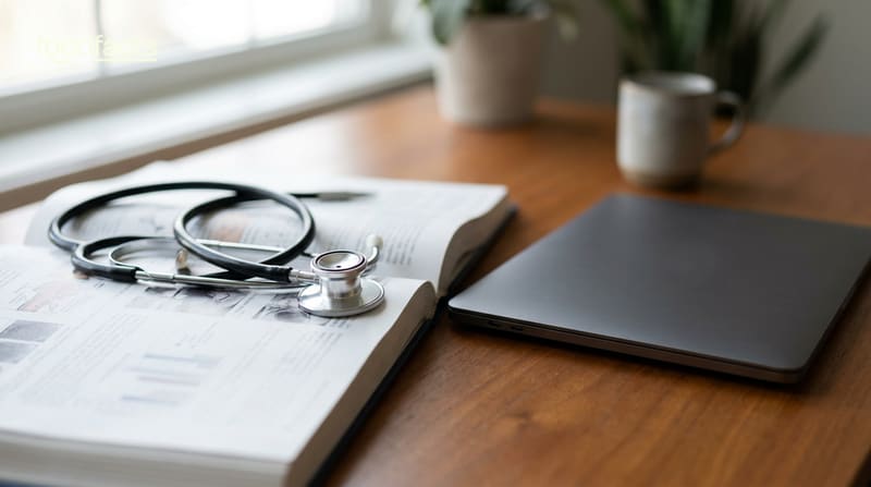 A doctor's stethoscope resting on an open medical journal beside a laptop on a wooden desk