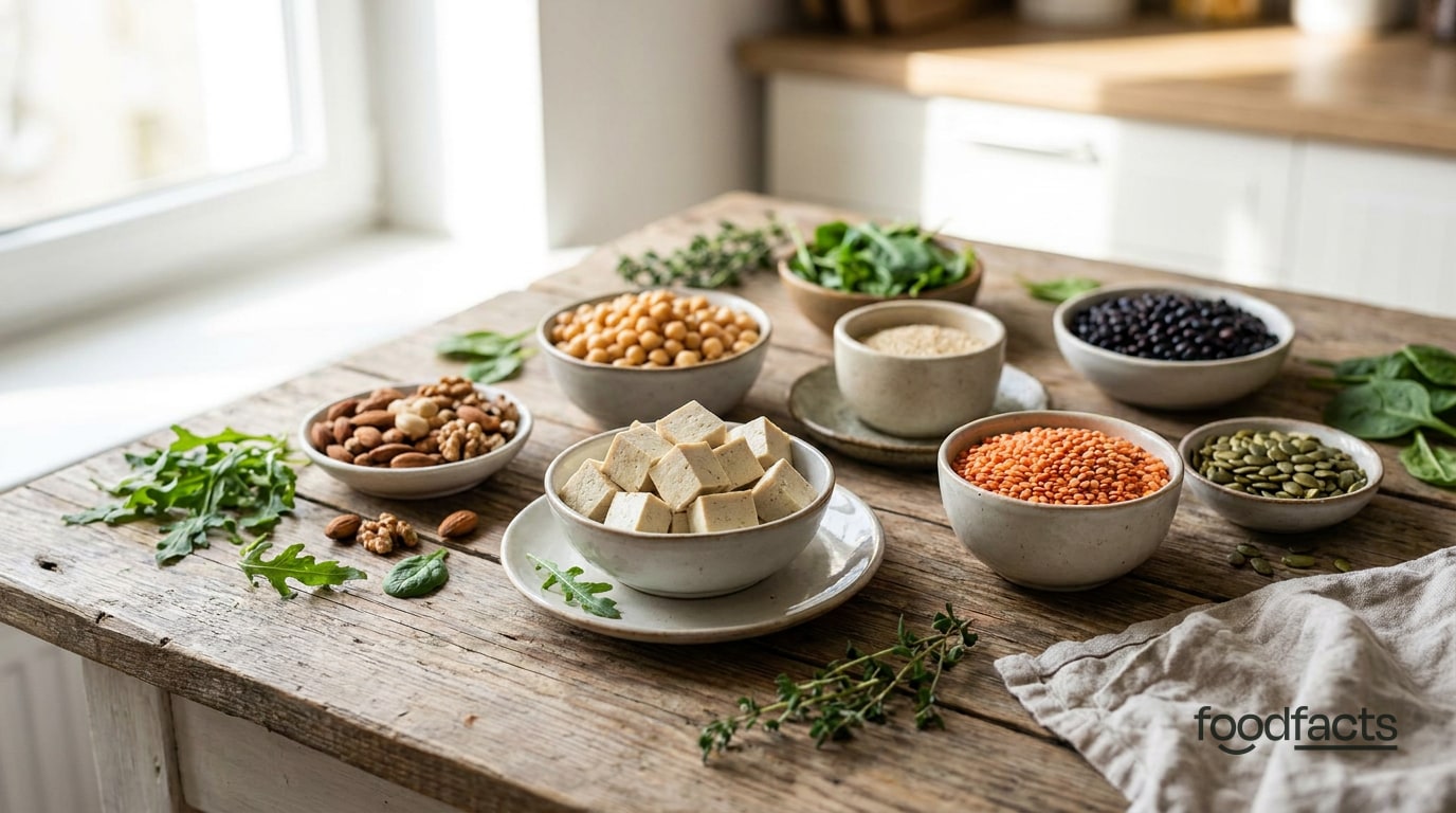 A spread of plant based protein foods including tofu, chickpeas, lentils, beans, nuts, seeds and leafy greens in bowls