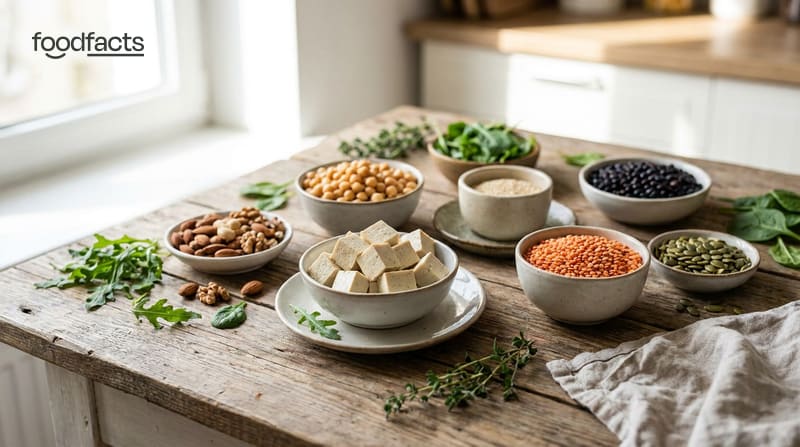 A spread of plant based protein foods including tofu, chickpeas, lentils, beans, nuts, seeds and leafy greens in bowls