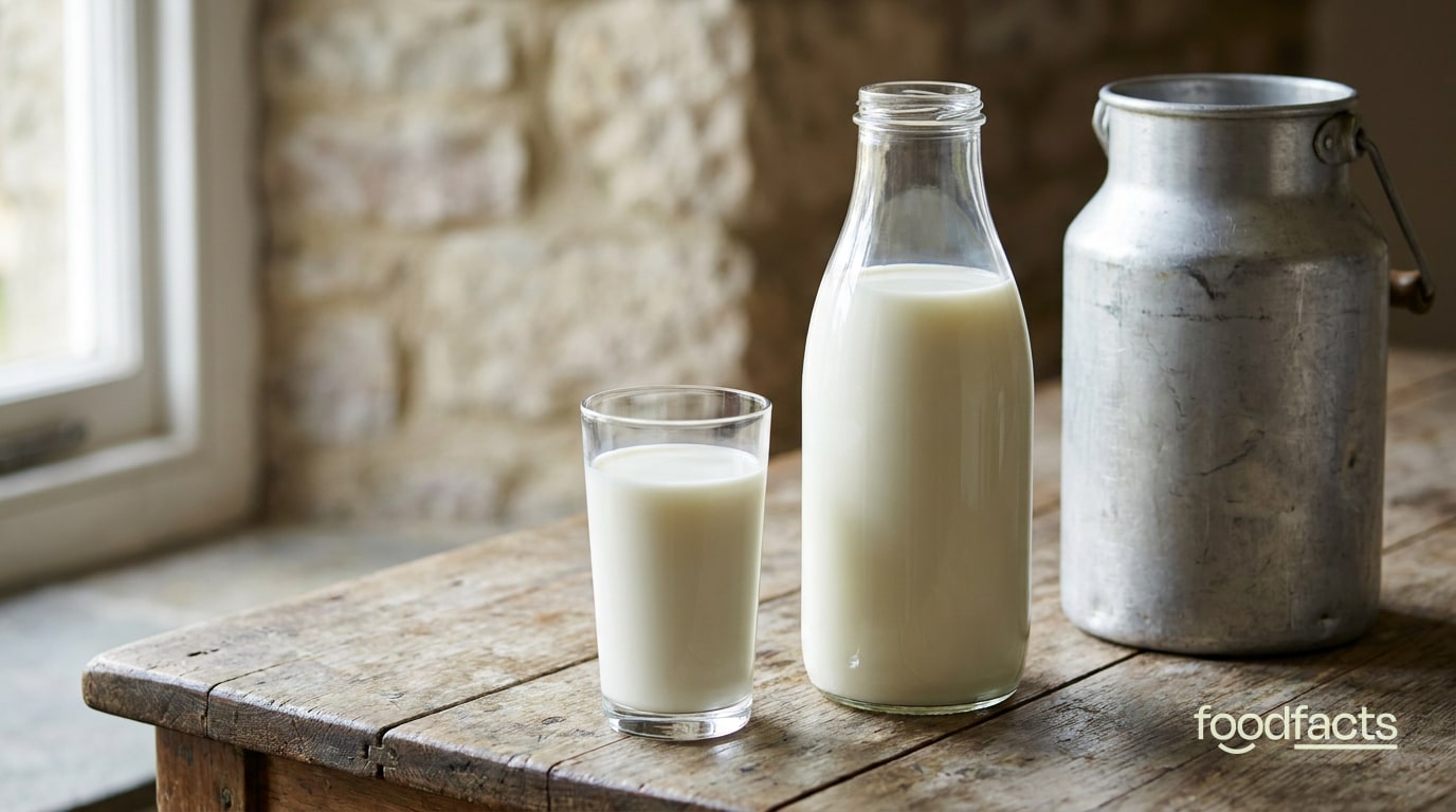 A glass and a glass bottle of fresh milk beside a metal churn on a rustic farmhouse table