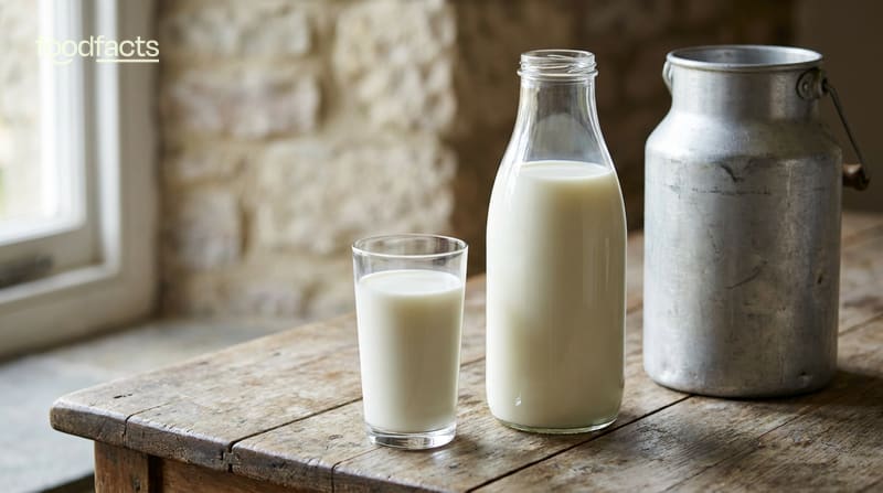 A glass and a glass bottle of fresh milk beside a metal churn on a rustic farmhouse table