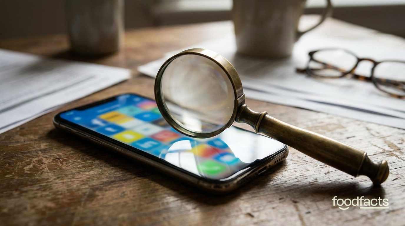 A magnifying glass over a smartphone showing a social media app grid, with papers and reading glasses on a desk
