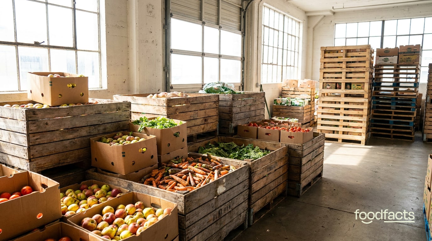 Wooden crates and boxes of rescued fresh fruit and vegetables in a bright food rescue warehouse