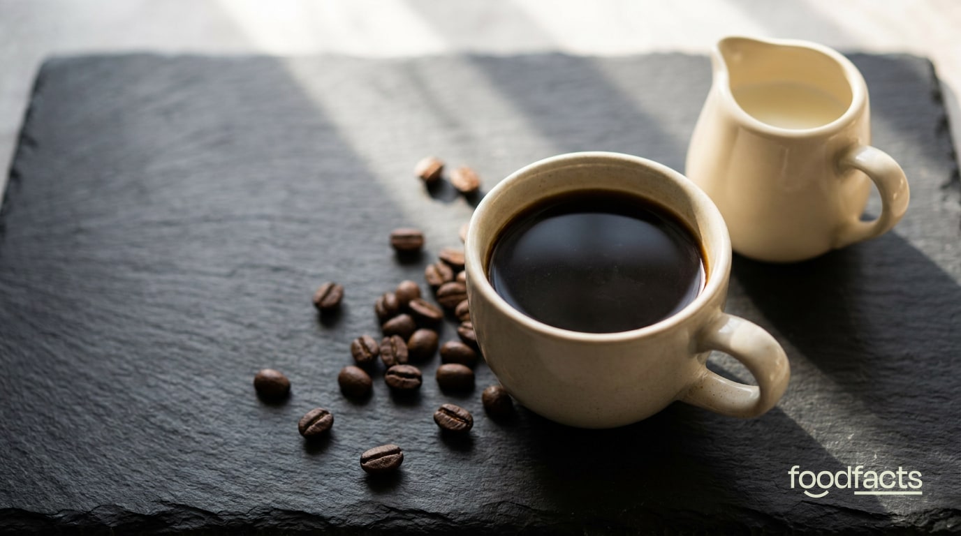 A cup of black coffee with a jug of milk and scattered coffee beans on a dark slate surface