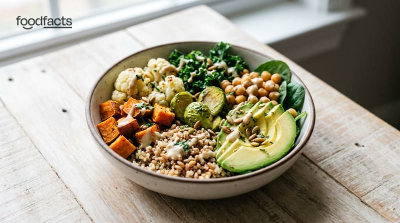 A balanced healthy meal bowl with grains, roasted vegetables, leafy greens, chickpeas and avocado