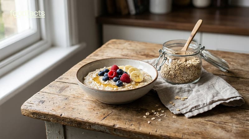 A bowl of porridge oats topped with berries, banana and honey beside a jar of rolled oats on a wooden table