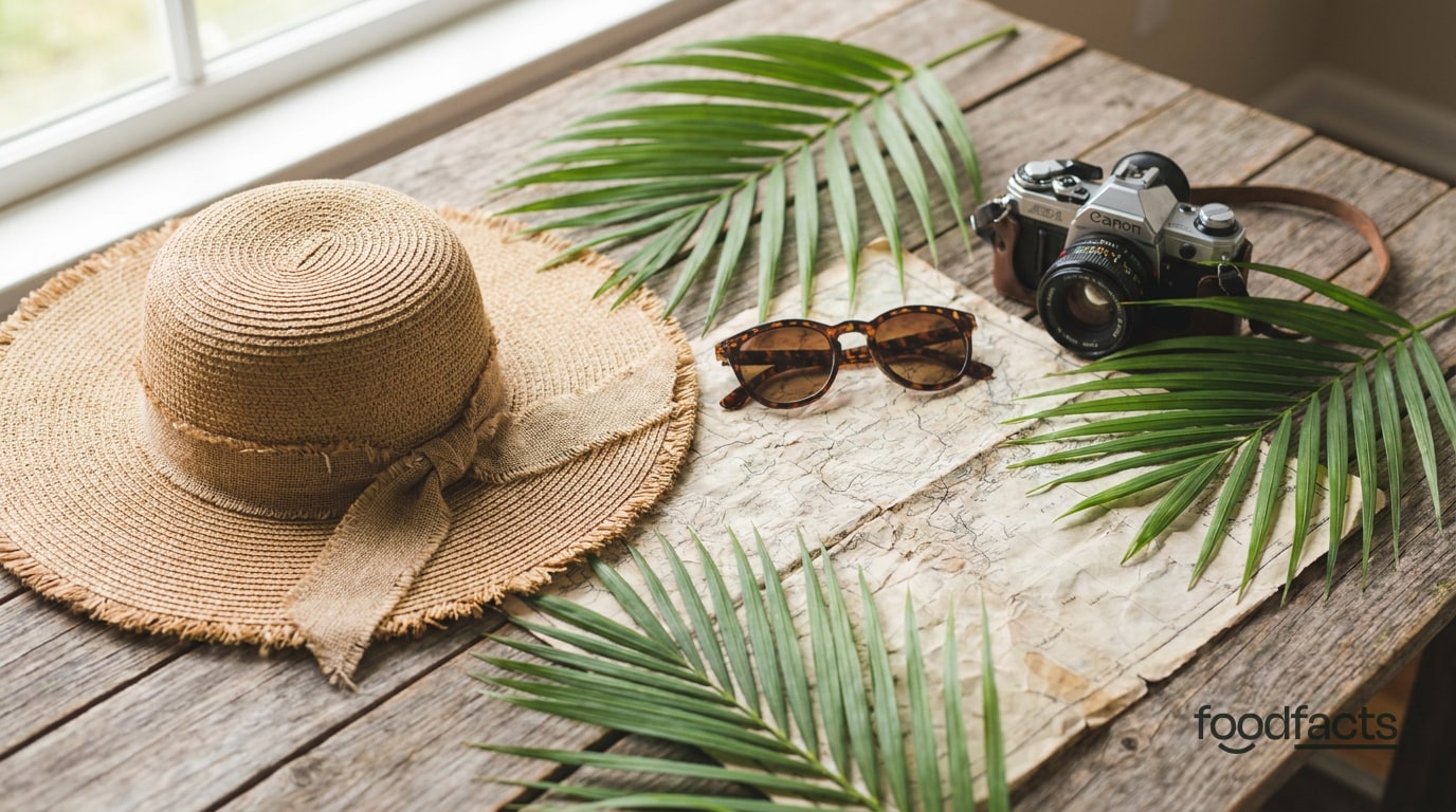 A straw sun hat, sunglasses, a film camera, a folded map and palm leaves on a wooden table