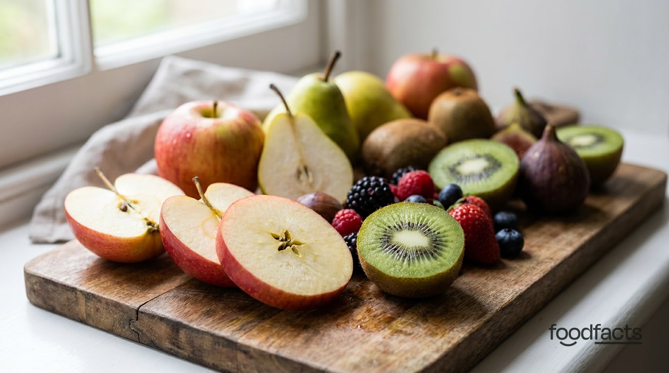 Cross-sections of high-fibre fruits including apple, pear, kiwi and berries on a wooden board
